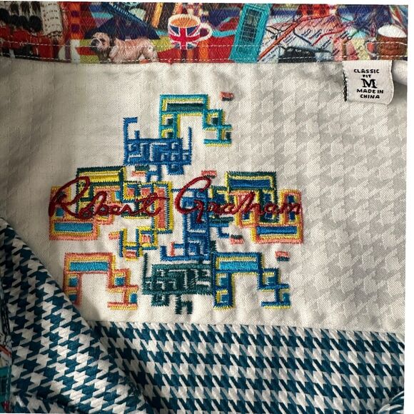 Robert Graham Shirt Men's Medium Blue Houndstooth UK England London Flip Cuff - Picture 7 of 11